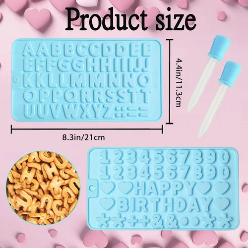 Vista 2 de 2 moldes de chocolate con números y moldes de silicona de letras, con 2 cuentagotas, decoraciones de letras para tartas, moldes de silicona