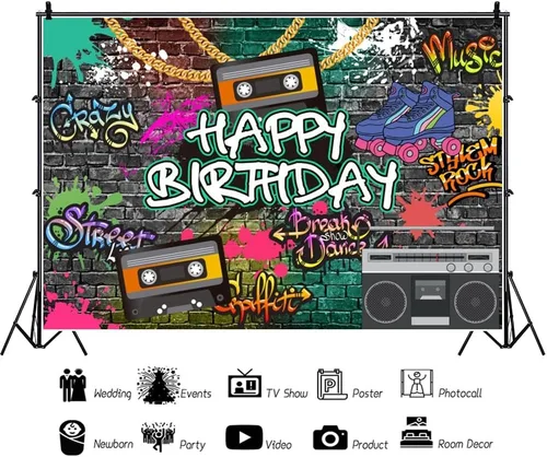 Vista 2 de AOFOTO Telón de fondo de feliz cumpleaños de los años 80 y 90, de 5 x 3 pies, tema de regreso a los 80, 90, hip-hop, rock, fondo de cumpleaños