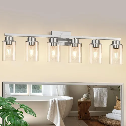 Vista 36 de IZORRO Lámparas de baño, modernas luces de tocador, accesorios de iluminación de baño sobre espejo con pantalla de vidrio transparente, aplique