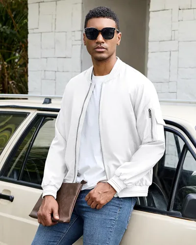 Vista 27 de Polu Chaquetas bomber para hombre con bolsillos, chaquetas cortavientos ligeras, cremallera de 2 vías, abrigo casual de negocios para otoño e