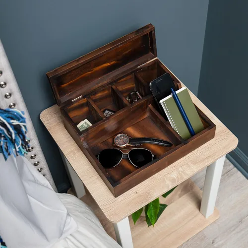 Vista 2 de Mind Reader Bali Collection, bandeja de valet de 7 compartimentos con tapa con bisagras para teléfono celular, relojes, joyas y accesorios, 10