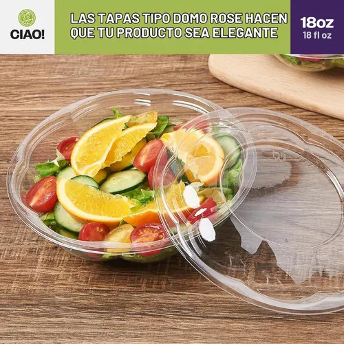 Vista 6 de CIAO! Tazón de fruta y ensalada PET transparente de 18 oz con tapa de cúpula rosa (150/caja)