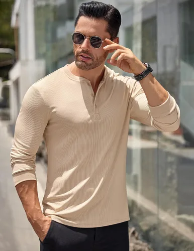 Vista 70 de COOFANDY Camisas Henley de manga larga para hombre, camisetas elásticas acanaladas, camisetas básicas casuales de moda
