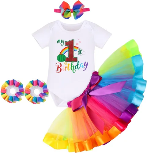 Vista 34 de IBAKOM Conjunto de ropa de 3 piezas para bebé niña de 1er cumpleaños + tutú de tul de princesa arcoíris + diadema con lazo, conjunto de ropa de 3