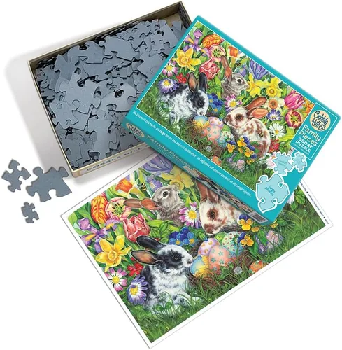 Vista 2 de Cobble Hill Family Piece's 350 Puzzle – Conejitos de Pascua – Póster de muestra incluido