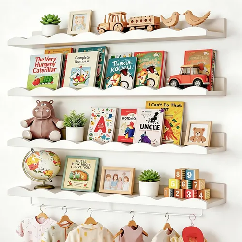 Vista 10 de Fixwal Estantes flotantes de 16.5 pulgadas para libros de guardería, juego de 4 estantes de pared festoneados con toallero para niños, habitación