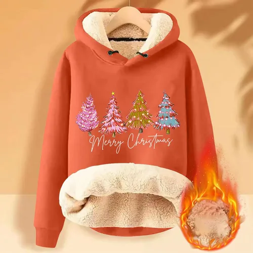 Vista 3 de Sudaderas con capucha para mujer, con forro de sherpa de Navidad, diseño de árbol de Navidad, sudadera con capucha y ajuste holgado