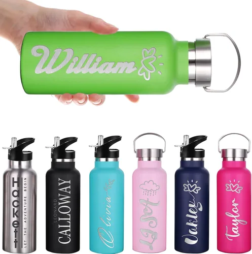 Vista 13 de Botellas de agua personalizadas con tapa de popote de 12/26 onzas, botella de agua deportiva aislada personalizada con grabado láser, botella