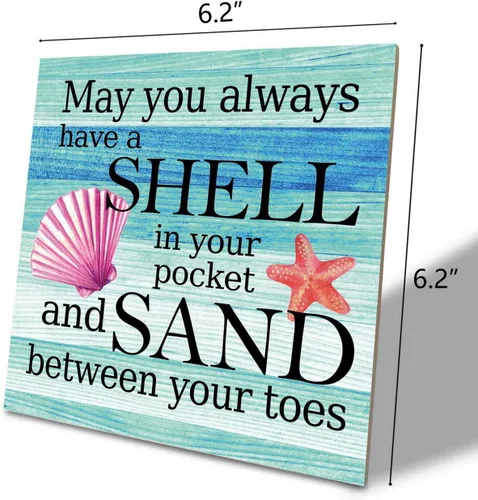 Vista 2 de Letrero de madera con texto en inglés "May You Always Have a Shell in Your Pocket and Sand between Your Toes", letrero de playa de madera