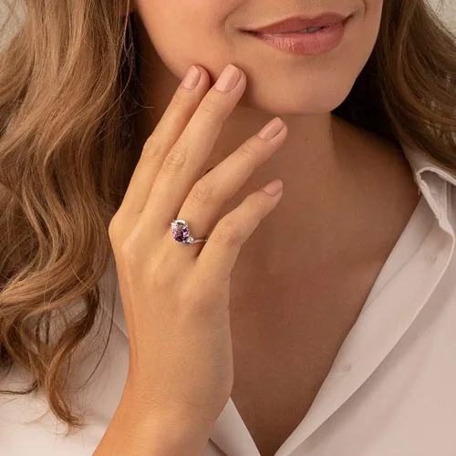 Vista 2 de PEORA Anillo de amatista de 3 piedras para mujer, plata de ley 925, piedra preciosa natural, 1.75 quilates, forma redonda de 0.315 in, tamaños 5 a 9