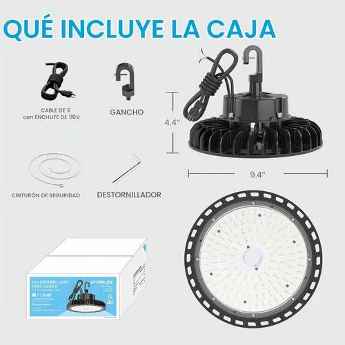 Vista 7 de HYPERLITE Luces LED High Bay de 100 W, 14,500 lm (145 lm/w) 5000 K, 1-10 V, regulable, cable de 5' con enchufe de 110 V, gancho de EE. UU., listado