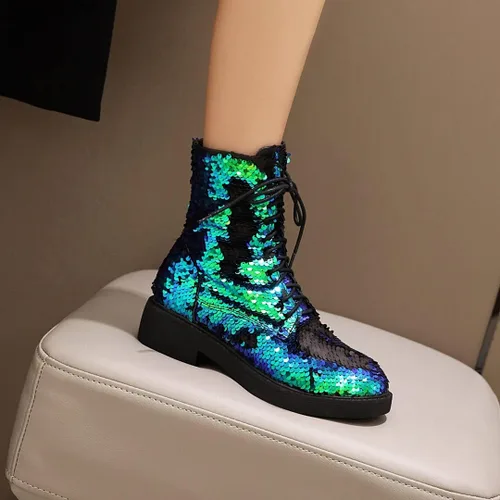 Vista 5 de FIFSY Botines de combate con purpurina y lentejuelas para mujer con tacones brillantes