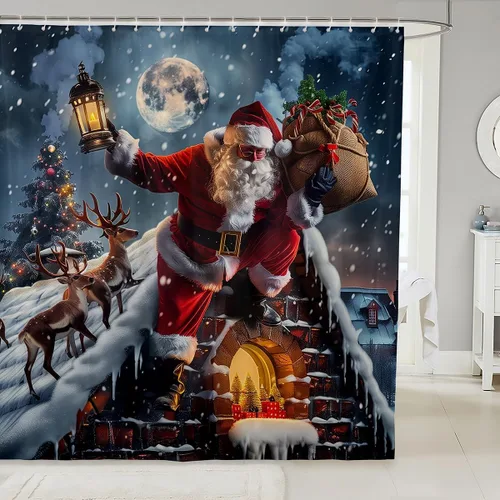 Vista 23 de Homewish Cortina de ducha de árbol de Navidad, juego de cortina de ducha de baño con diseño de copo de nieve dorado para niños y adultos, cortina