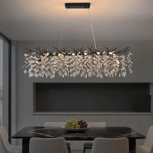 Vista 15 de Candelabro rectangular con ramas de árbol de cristal, L40 pulgadas, Mpdern de lujo cromado lineal Art Deco con forma de gota de lluvia para cocina