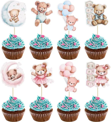 Vista 8 de Gyufise 32 Piezas Decoraciones para Cupcakes de Oso de Baby Shower Luna Oso Bebé Decoraciones de Pastel de Baby Shower Tema de Animales de la Selva
