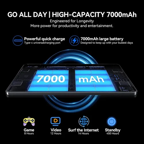 Vista 6 de Tableta, tabletas Android 15 de 10.1 pulgadas con Octa-Core, 16 GB de RAM + 64 GB ROM 512 GB TF Tabletas compatibles con GMS, batería de 7000 mAh