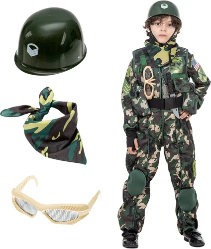 Vista 3 de JAZGROM Disfraz del ejército para niños, disfraz de camuflaje de lujo, juego de rol para niños