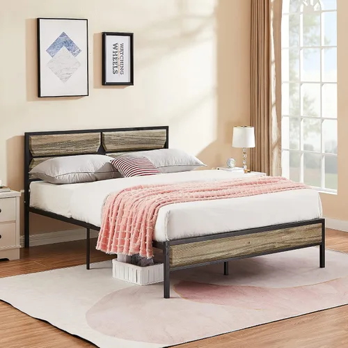 Vista 9 de VECELO Base de cama tamaño Queen con cabecera y estribo de madera, base de colchón de plataforma de cama Queen, soporte de listones de acero,