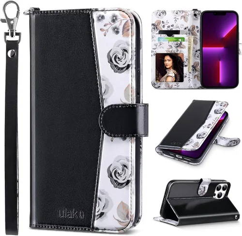 Vista 9 de ULAK Compatible con iPhone 13 Funda tipo cartera para mujer, funda tipo billetera de piel PU con tarjetero y función de caballete, funda protectora
