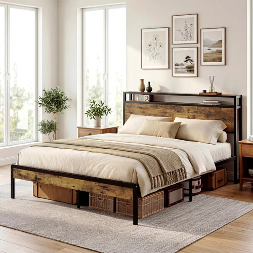 Vista 9 de LIKIMIO Marco de cama tamaño Queen, cama de plataforma con cabecera de almacenamiento de 2 niveles Marco de cama de metal, sólido y estable, sin