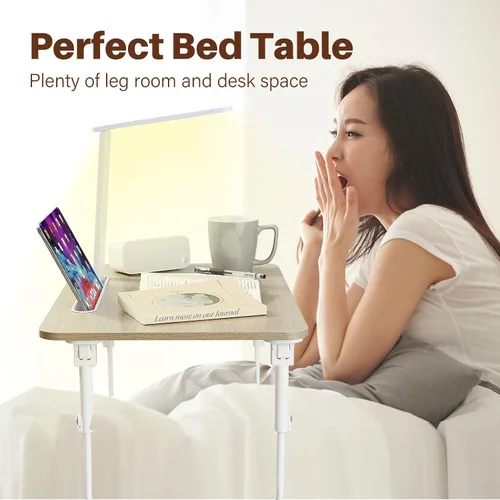 Vista 7 de Escritorio para computadora portátil para cama con luz de escritorio LED, mesa ajustable para tableta con patas plegables, cajón de almacenamiento