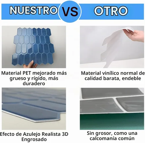 Vista 4 de Azulejos de despegar y pegar para cocina, diseño más grueso 3D autoadhesivo hexagonal largo para pared, azulejos para salpicadero, azul 10 hojas