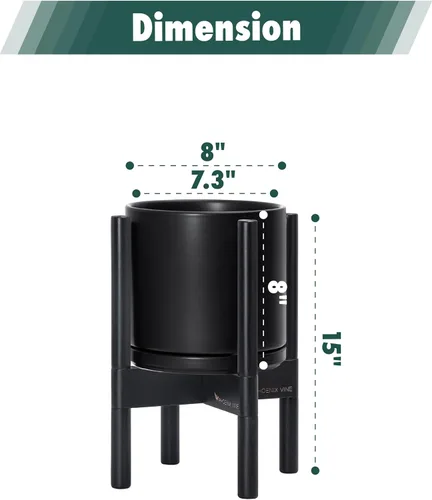 Vista 3 de D'vine Dev Maceta de cerámica con soporte de ébano – Maceta redonda moderna de 8 pulgadas con soporte para maceta de madera, color negro, 55-B-M-2