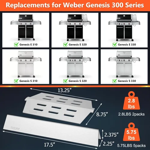 Vista 2 de QuliMetal 44.5 cm SUS304 Barras Aromatizadoras y Deflectores de Calor para Parrillas Weber Genesis 300 Series, Compatibles con Genesis E310 E320