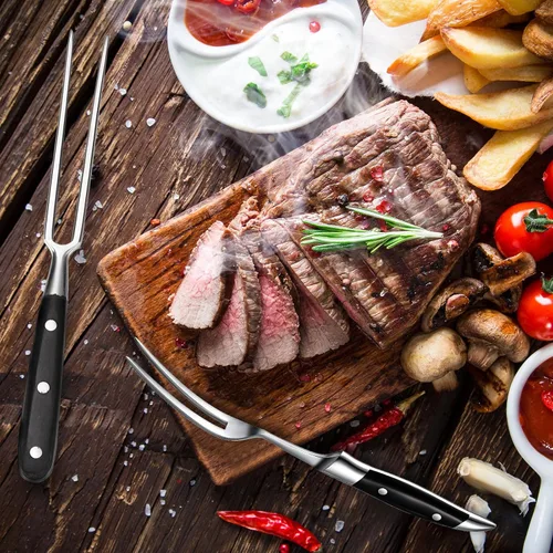 Vista 5 de CHENGU 2 tenedores para tallar carne de 12 pulgadas de acero inoxidable para servir cocinar con mango de madera, parrilla clásica con mango de ABS
