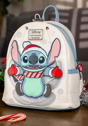 Vista 3 de Loungefly Disney Stitch Holiday Snow Angel - Mini mochila con purpurina, Blanco, Mini mochila