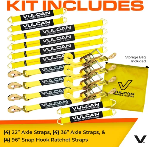 Vista 5 de VULCAN Kit completo de amarre de correa de eje con correas de trinquete de gancho a presión, amarillo clásico, incluye (4) correas de eje de 22