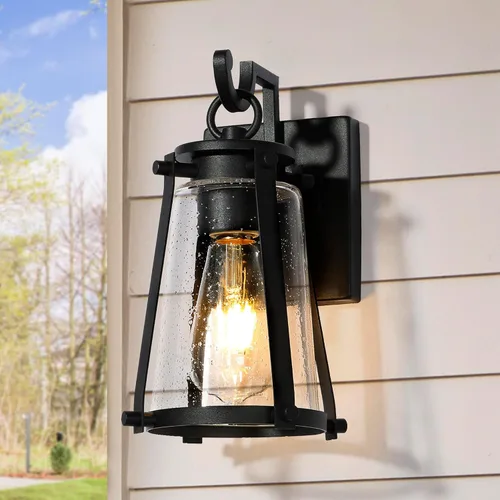Vista 12 de Luces de pared negras para exteriores, moderna linterna de pared exterior de granja con pantalla de vidrio esmerilado, luces cuadradas resistentes a