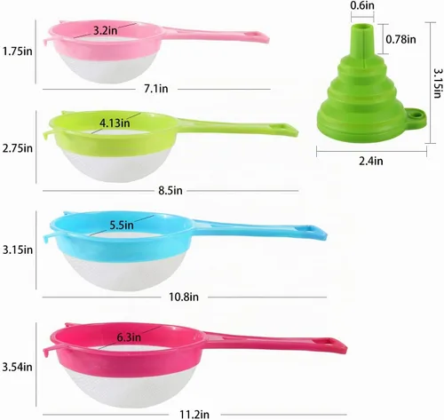 Vista 3 de BENBO Juego de 4 coladores de malla de plástico, colador de plástico con mango largo, tamiz de harina de leche de soja, colador de plástico