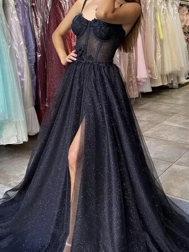 Vista 3 de Molisa Vestidos de fiesta de tul con purpurina 2023 con tirantes delgados, flores 3D, vestidos largos formales de noche con abertura