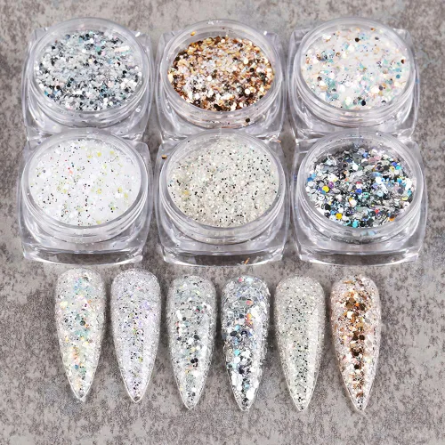 Vista 4 de Kits de arte de uñas holográficas, 6 cajas 3D con purpurina metálica brillante en copos acrílicos en polvo y lentejuelas para decoración holográfica