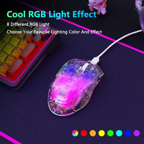 Vista 4 de Redragon Ratón para juegos con cable, 24,000 DPI, 7 botones programables, 2 botones laterales, 8 modos retroiluminados LED RGB, carcasa transparente