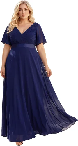 Vista 19 de Ever-Pretty Vestidos formales de noche de gasa para mujer con cuello en V de talla grande para mujeres con curvas, vestido de dama de honor de largo