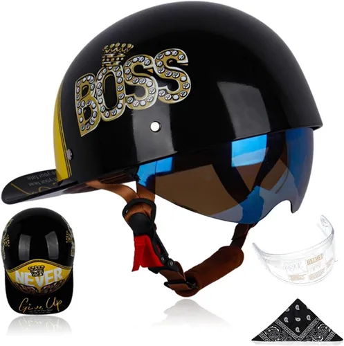 Vista 6 de Gorra de béisbol para motocicleta, 3 unidades, aprobado por DOT, estilo vintage, cara abierta, unisex, para adultos, medios cascos de doble lente