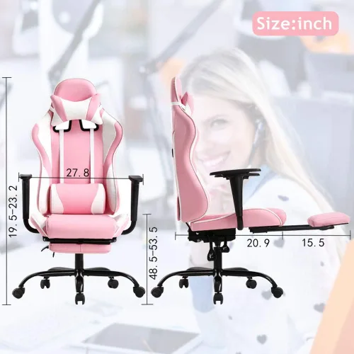 Vista 2 de Silla de oficina para videojuegos, silla de ordenador de respaldo alto, ergonómica para PC con soporte lumbar y reposapiés retráctil, de piel