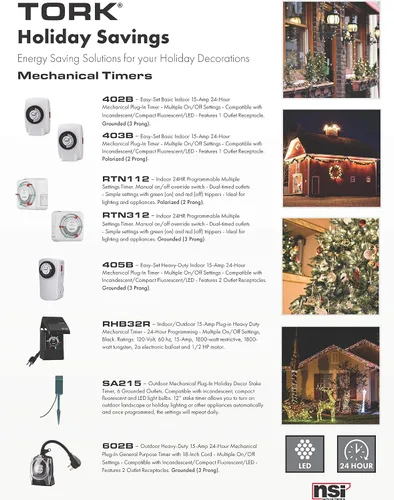 Vista 5 de NSi Industries TORK RTN312 temporizador mecánico de enchufe para interiores, resistente, de 15 A, con programación de 24 horas – con interruptores