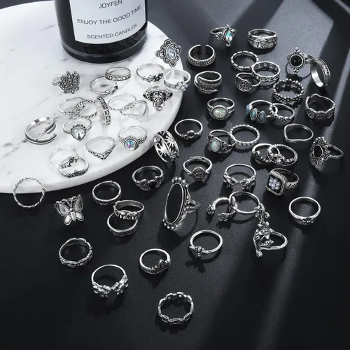 Vista 3 de Juego de anillos de nudillos de plata vintage para mujeres y hombres, anillos gruesos estéticos de serpiente grunge, apilables, anillo gótico