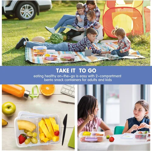 Vista 23 de Paquete de 4 recipientes de plástico para aperitivos con tapas, contenedor de alimentos de 2 compartimentos para caja de aperitivos para niños