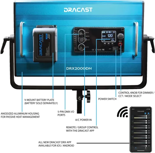 Vista 5 de Dracast Panel de luz de video LED de luz diurna de la serie X LED2000 con placa de batería V-Mount