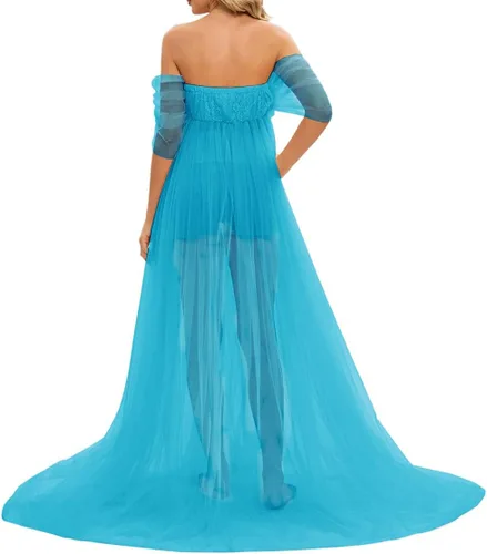 Vista 3 de ZIUMUDY Vestido largo de sesión de fotos de tul con hombros descubiertos para maternidad, manga caída, vestido de tul transparente