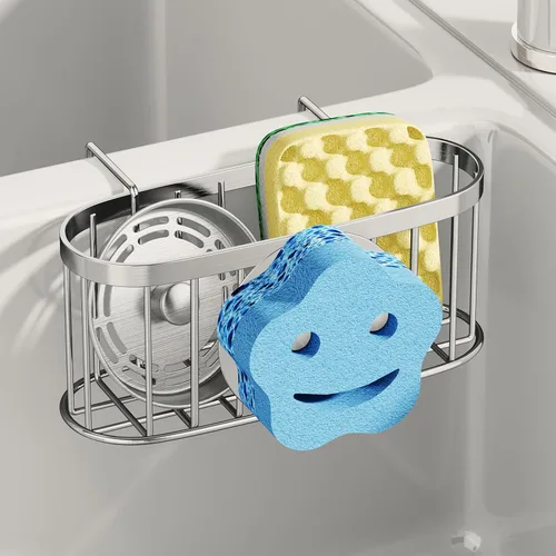 Vista 7 de SWTYMIKI Soporte de esponja para fregadero de cocina, organizador móvil para fregadero de cocina con gancho en forma de M, esponjas colgantes