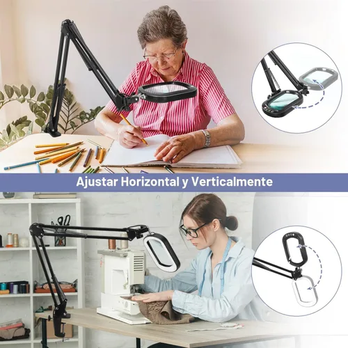 Vista 4 de Lupa rectangular de 10X con luz y abrazadera, 5 modos de color atenuables sin escalones, lupa iluminada con soporte manos libres, lámpara