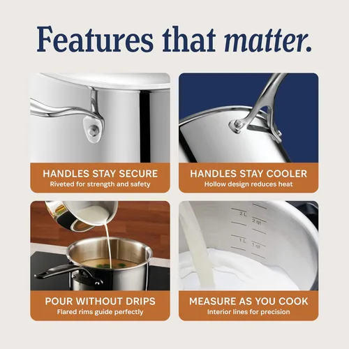 Vista 4 de LEGEND COOKWARE Cacerola de acero inoxidable de 5 capas de 2 cuartos de galón con tapa, compatible con inducción, apta para horno a 800 °F,