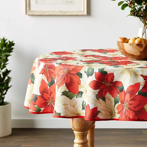 Vista 5 de Violet Linen Mantel con estampado floral de flor de pascua europea, color beige, 60 pulgadas, redondo