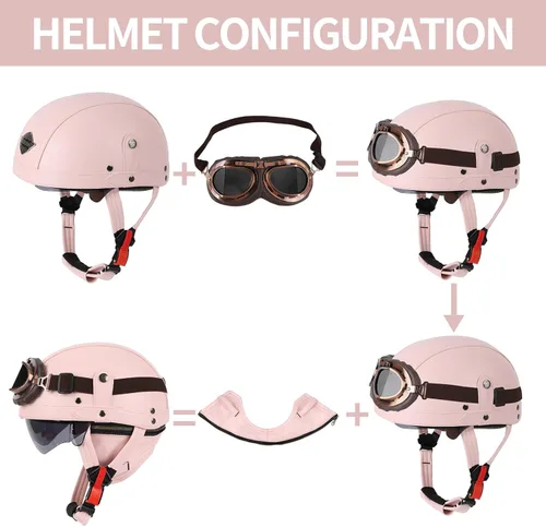 Vista 5 de Casco de motocicleta rosa, medio casco de cuero de estilo alemán, casco de motocicleta para mujer, aprobado por DOT, casco de media cara con gafas