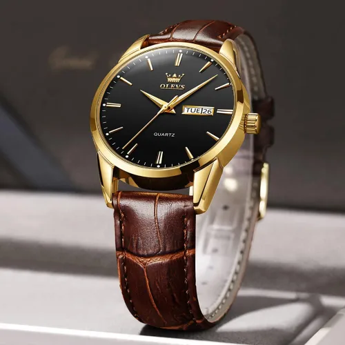 Vista 9 de OLEVS Relojes para hombres de cuero marrón caja dorada analógico cuarzo moda negocios vestido reloj día fecha luminoso impermeable casual masculino
